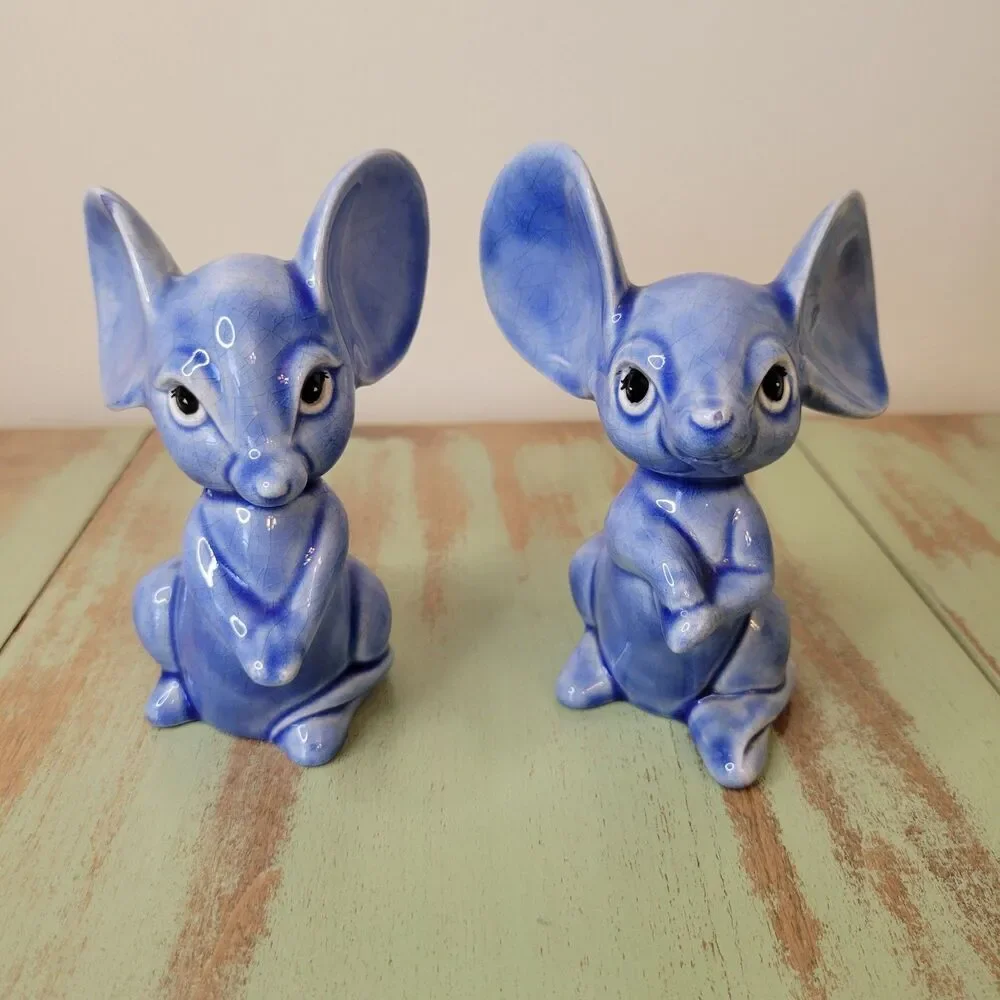 Blue Mouse Ceramic Figurine Pair